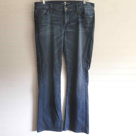 7 For all Mankind Bootcut Jeans Womens Size 31 Dark Blue Distressed Whiskering - Picture 1 of 9